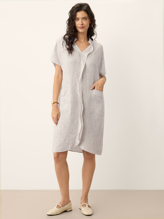 100% Linen Striped Ruffle-Placket Short-Sleeve Mini Dress