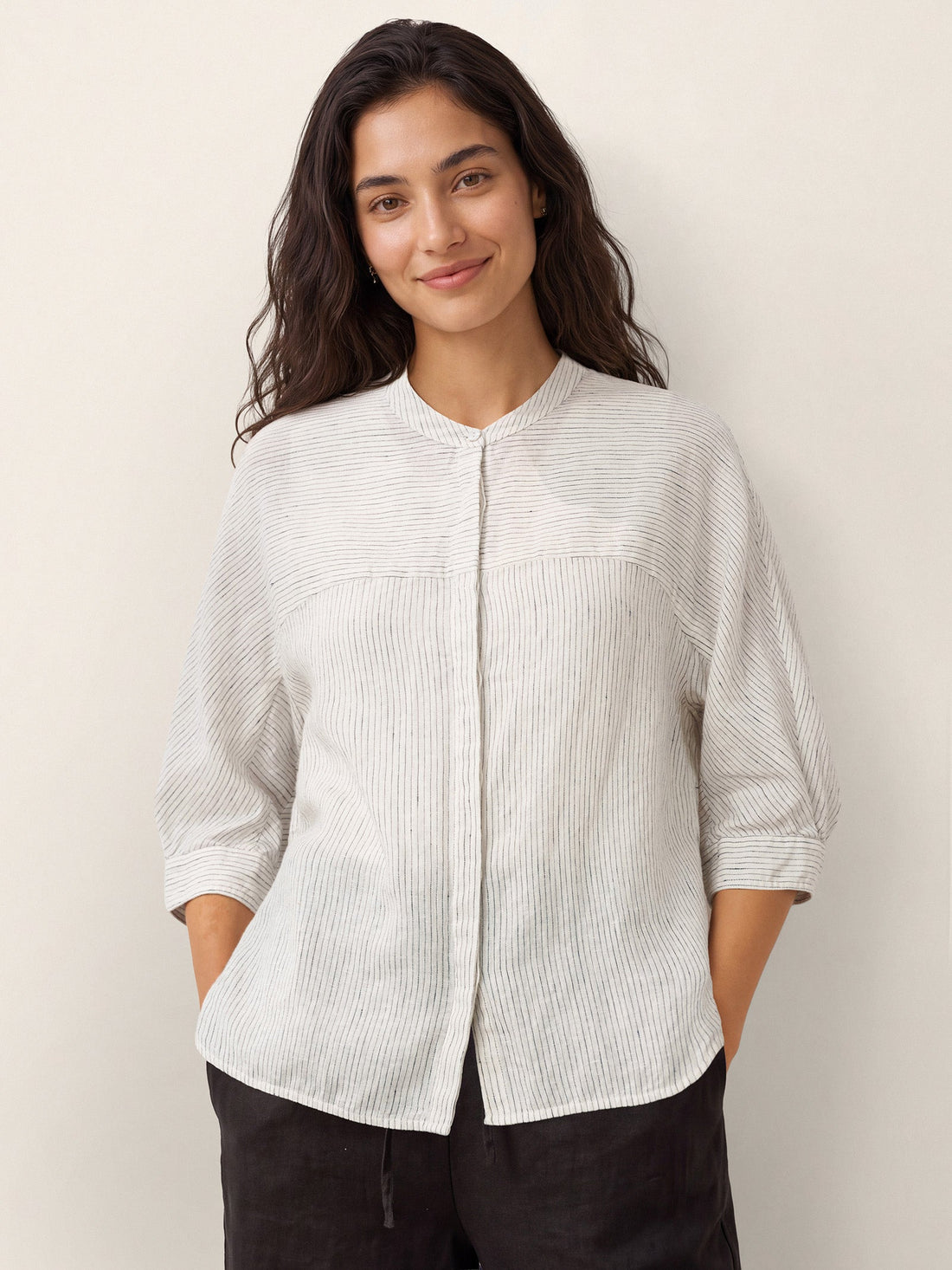 100% Linen Striped Three-Quarter Sleeve Shirt