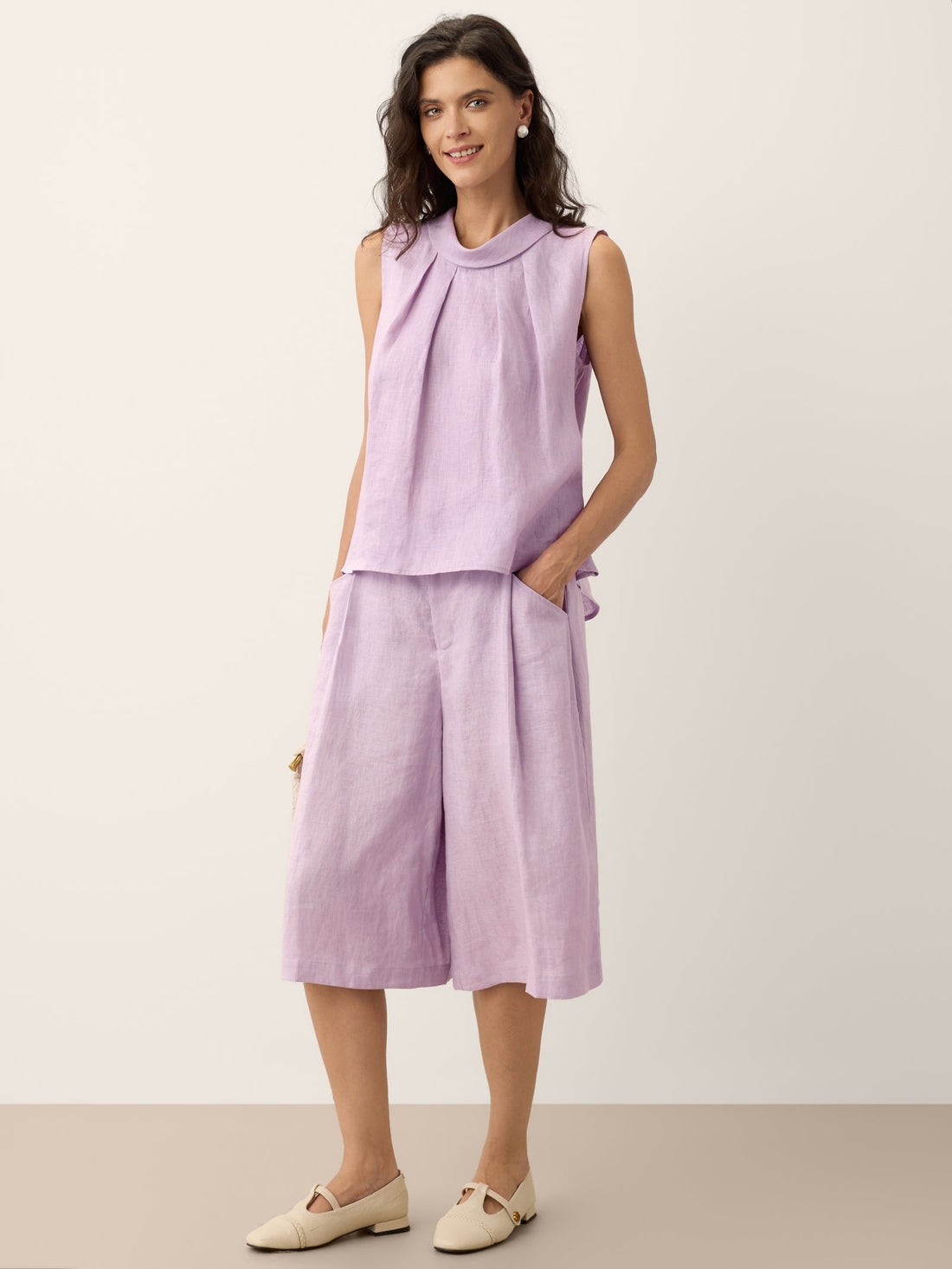 100% Linen Structured Collar Sleeveless Blouse