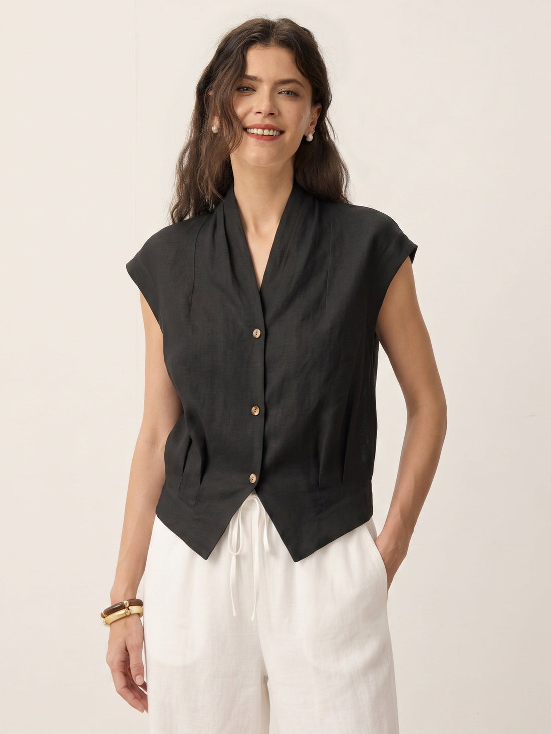 100% Linen Semi-Sheer V-Neck Cropped Shirt