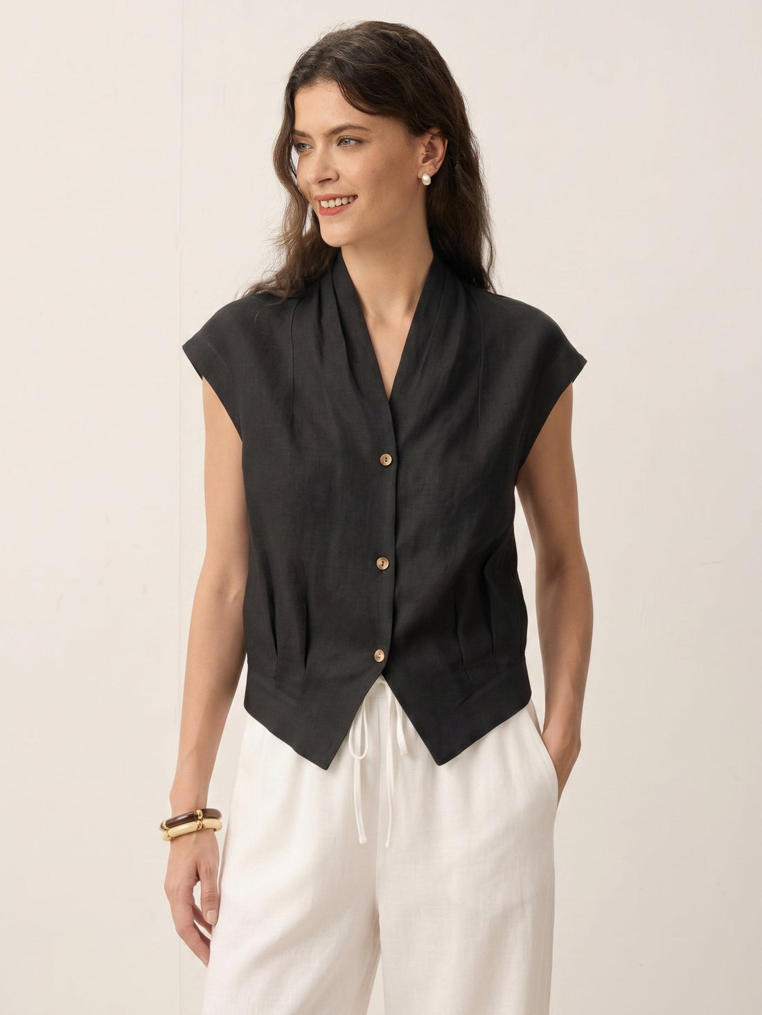 100% Linen Semi-Sheer V-Neck Cropped Shirt