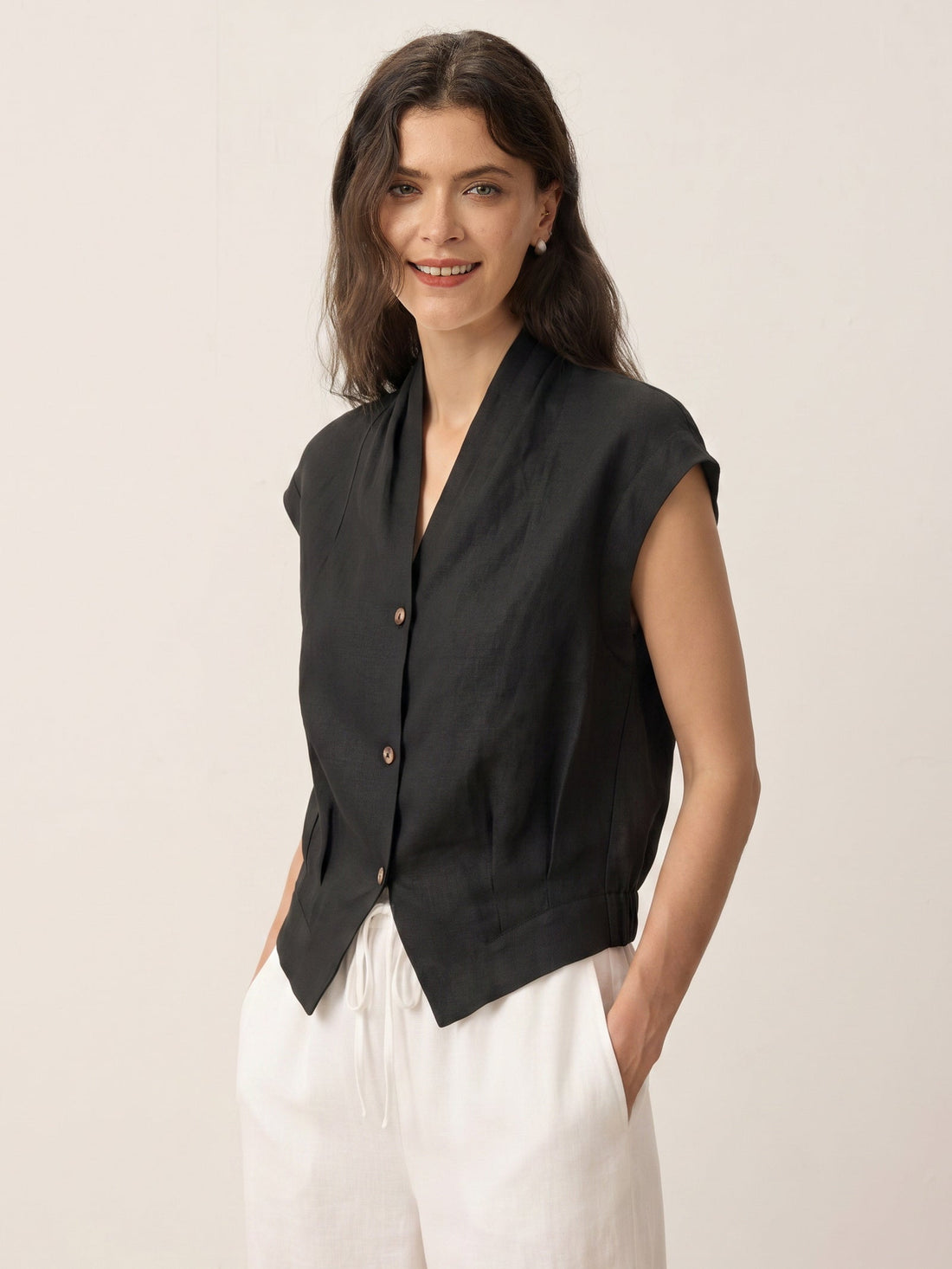 100% Linen Semi-Sheer V-Neck Cropped Shirt