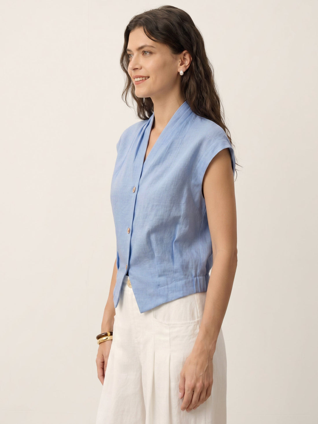 100% Linen Semi-Sheer V-Neck Cropped Shirt