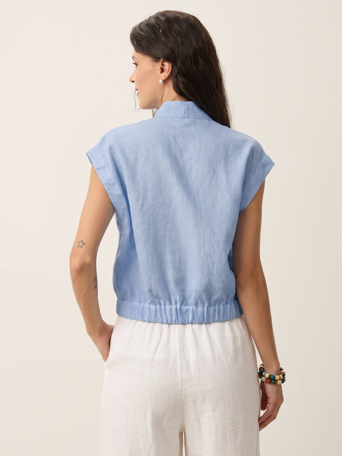 100% Linen Semi-Sheer V-Neck Cropped Shirt