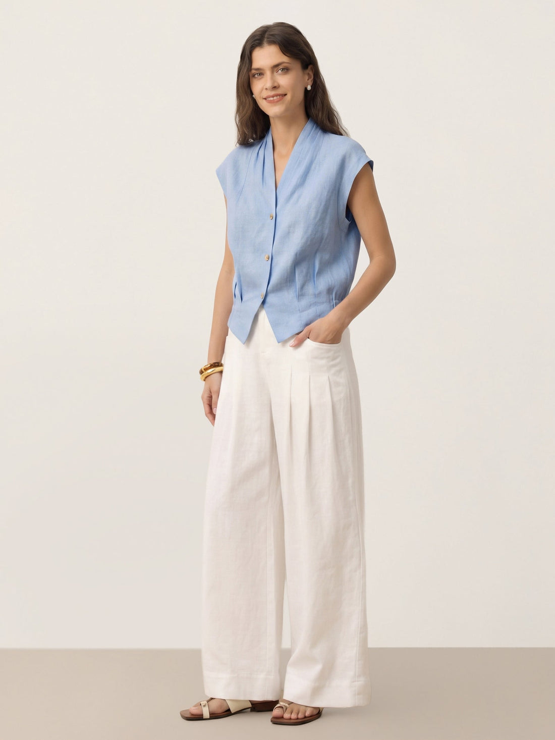 100% Linen Semi-Sheer V-Neck Cropped Shirt