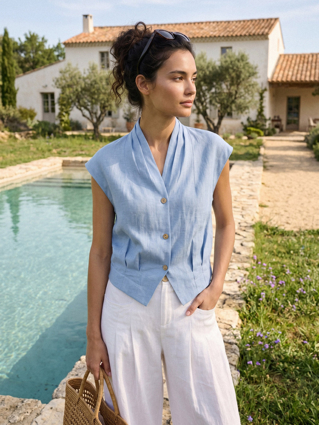 100% Linen Semi-Sheer V-Neck Cropped Shirt