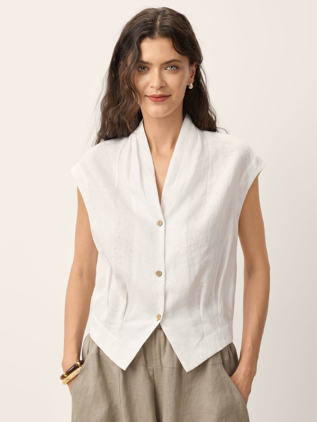 100% Linen Semi-Sheer V-Neck Cropped Shirt