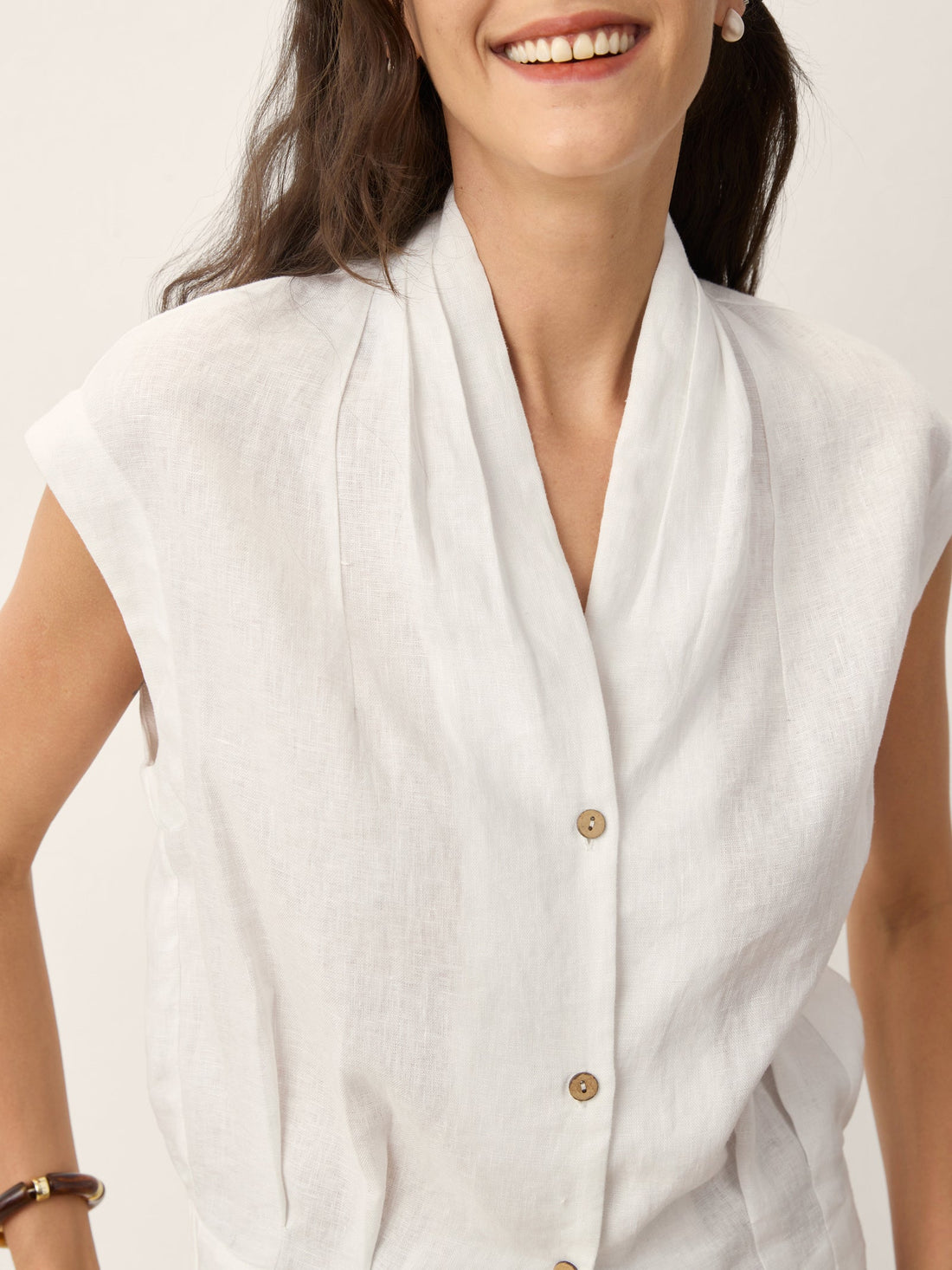 100% Linen Semi-Sheer V-Neck Cropped Shirt