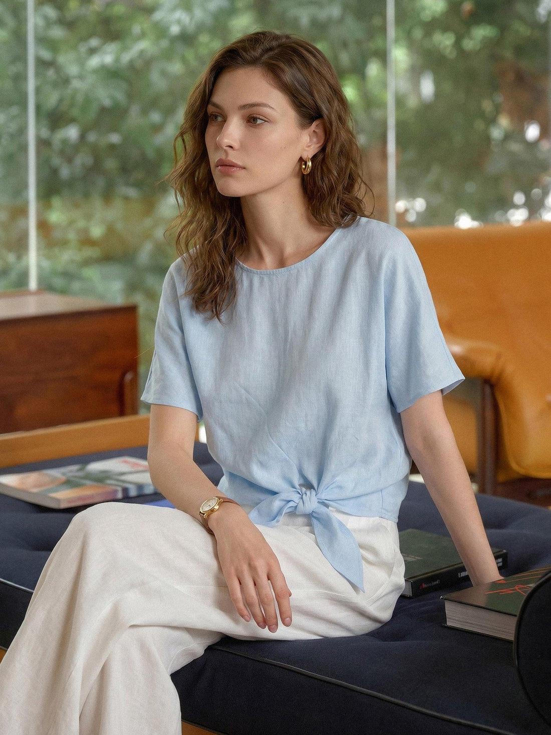 100% Linen Semi-Sheer Round Neck Blouse