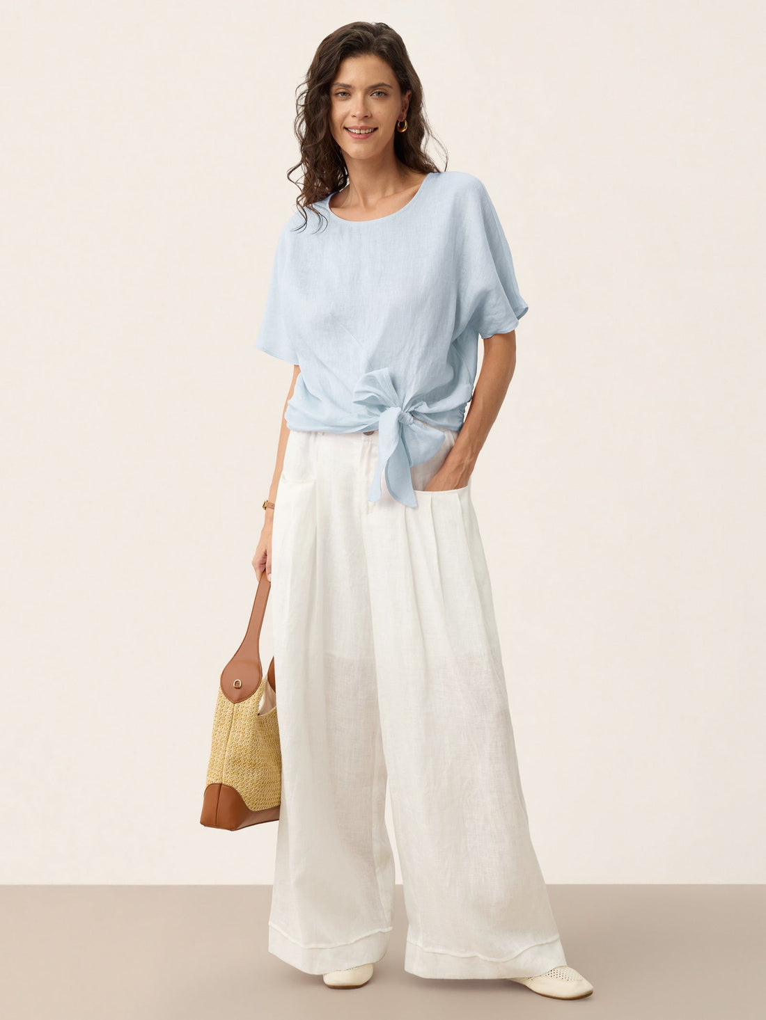 100% Linen Semi-Sheer Round Neck Blouse