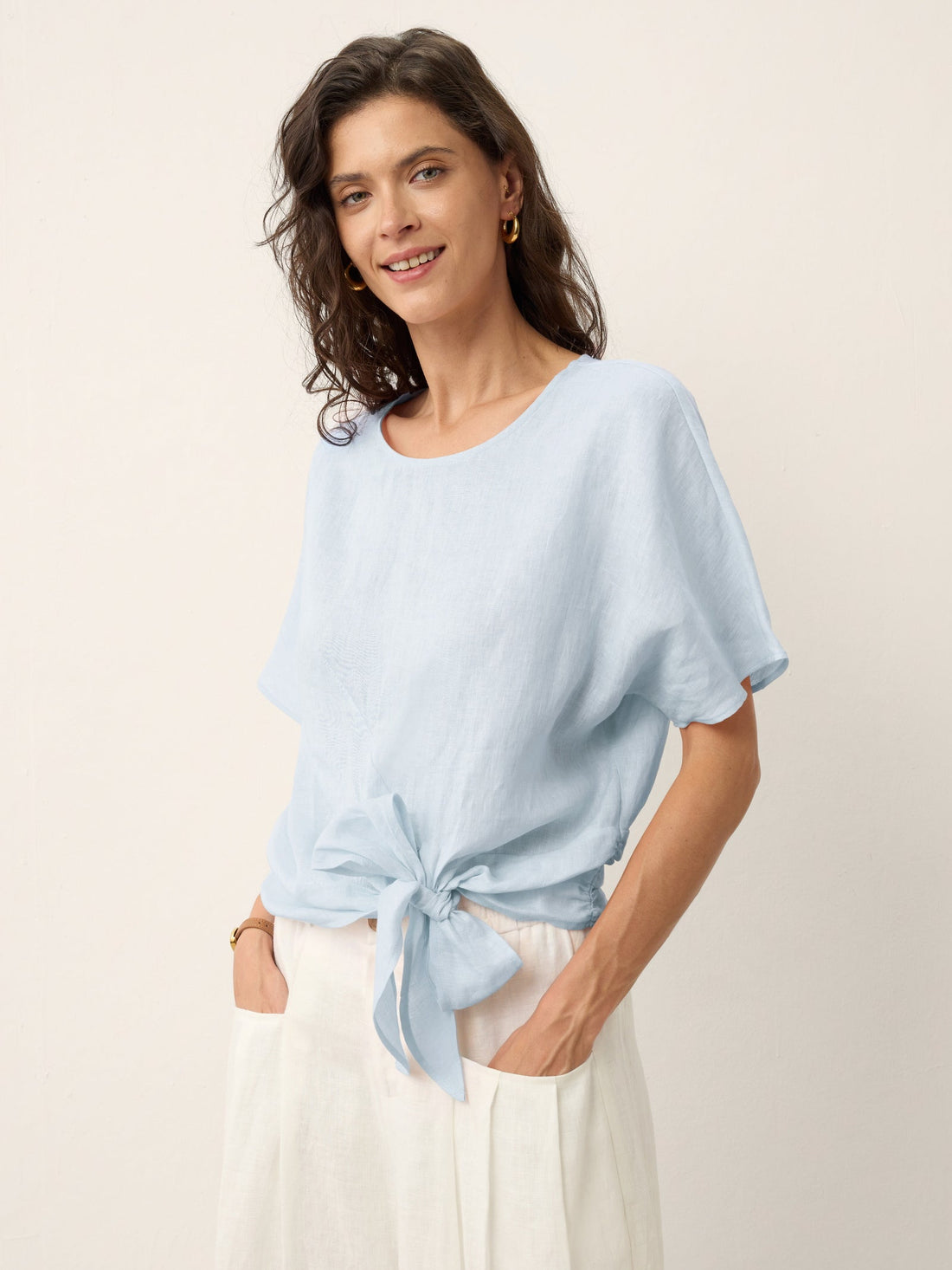 100% Linen Semi-Sheer Round Neck Blouse