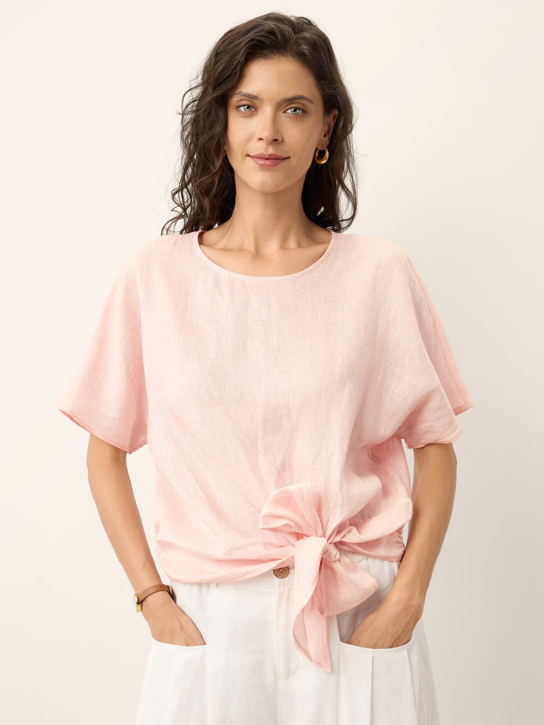 100% Linen Semi-Sheer Round Neck Blouse