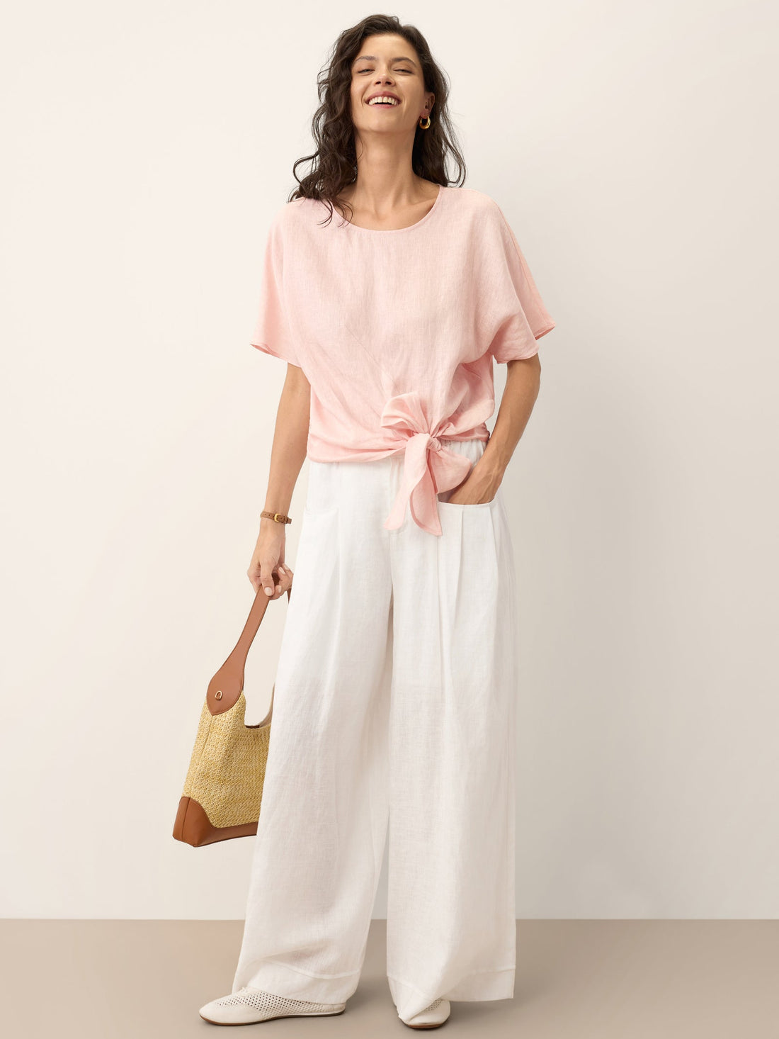 100% Linen Semi-Sheer Round Neck Blouse