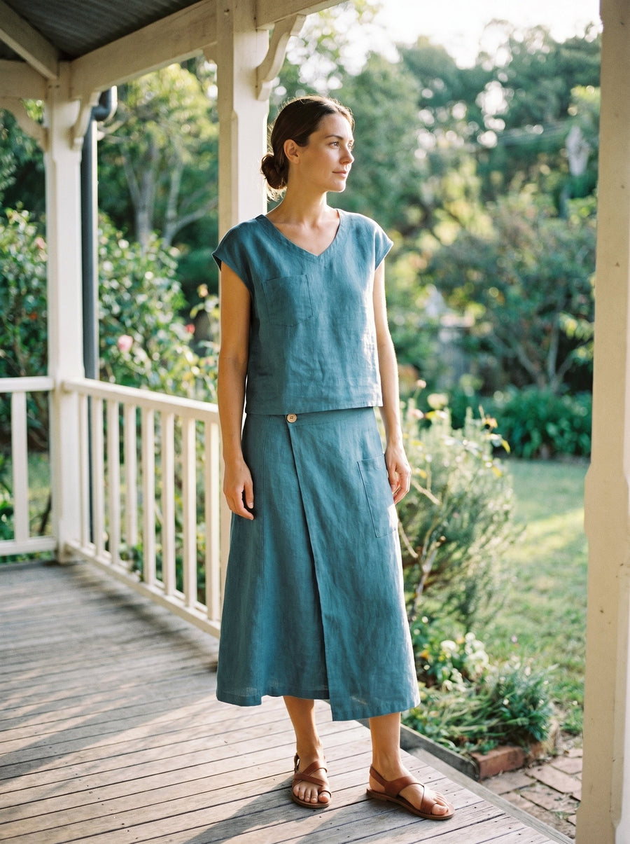 100% Linen V-Neck Cap Sleeve Shirt