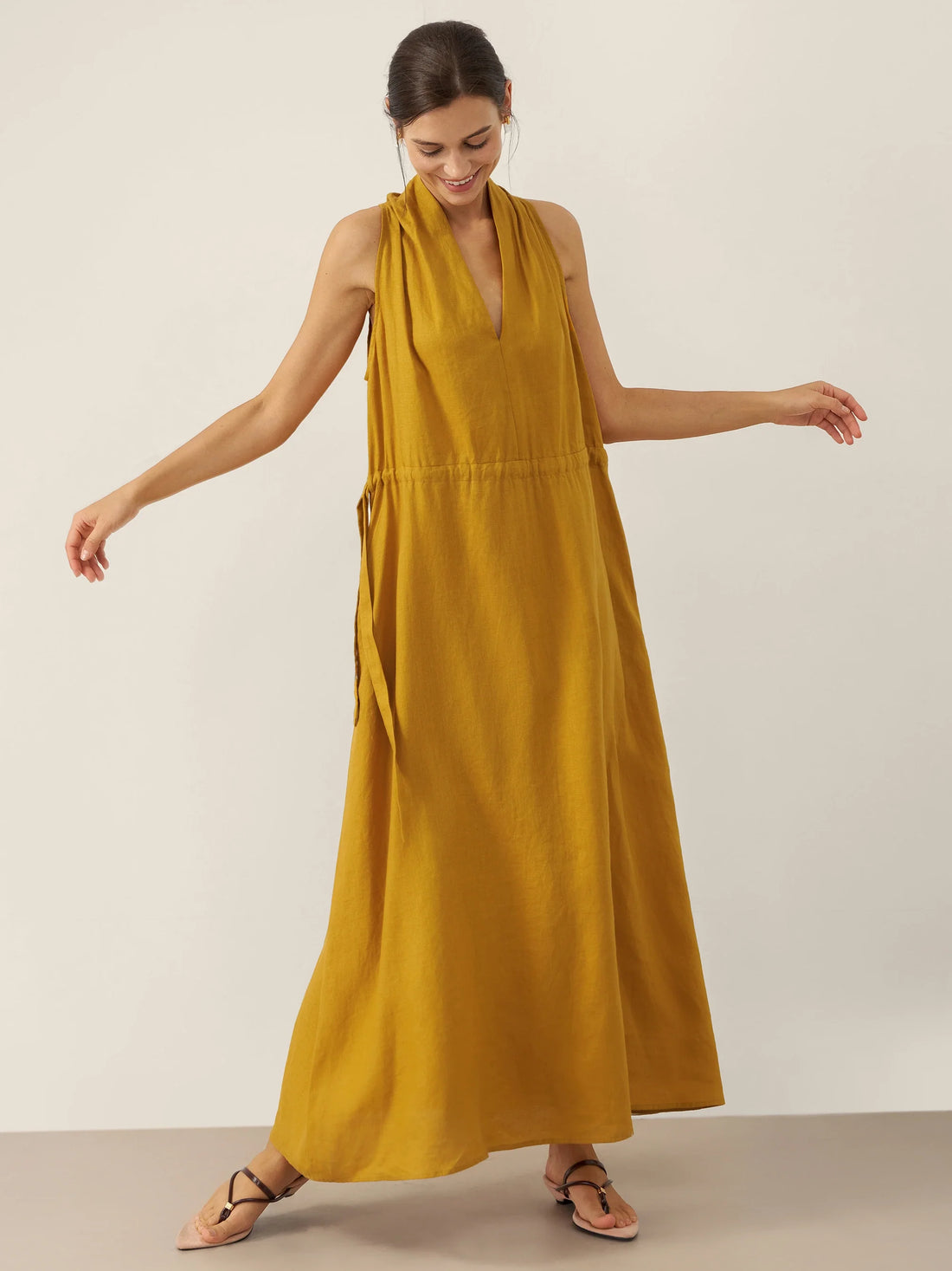 100% Linen Ruched Sleeveless Maxi Dress