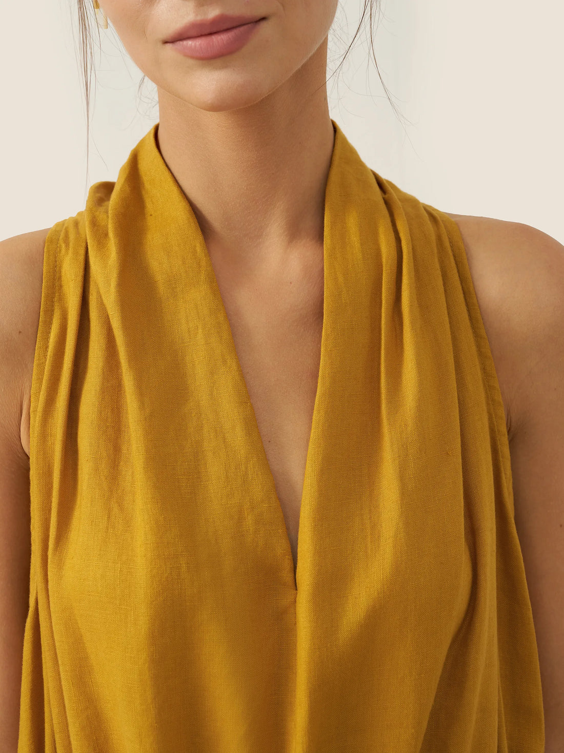 100% Linen Ruched Sleeveless Maxi Dress