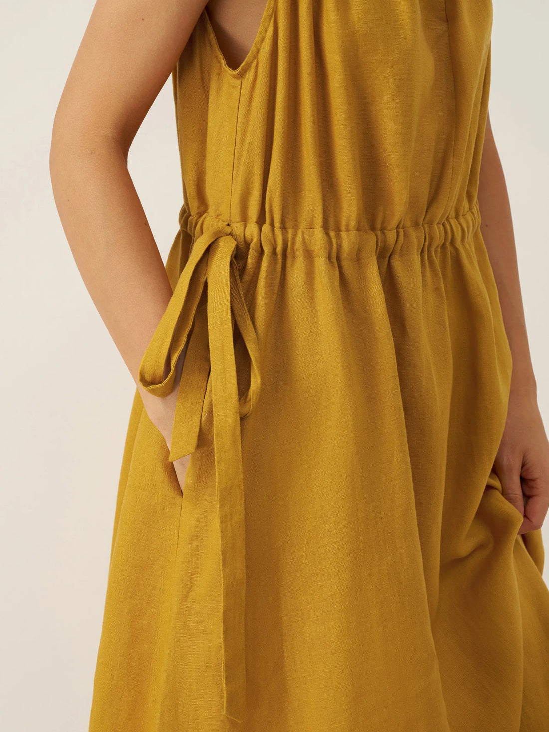 100% Linen Ruched Sleeveless Maxi Dress