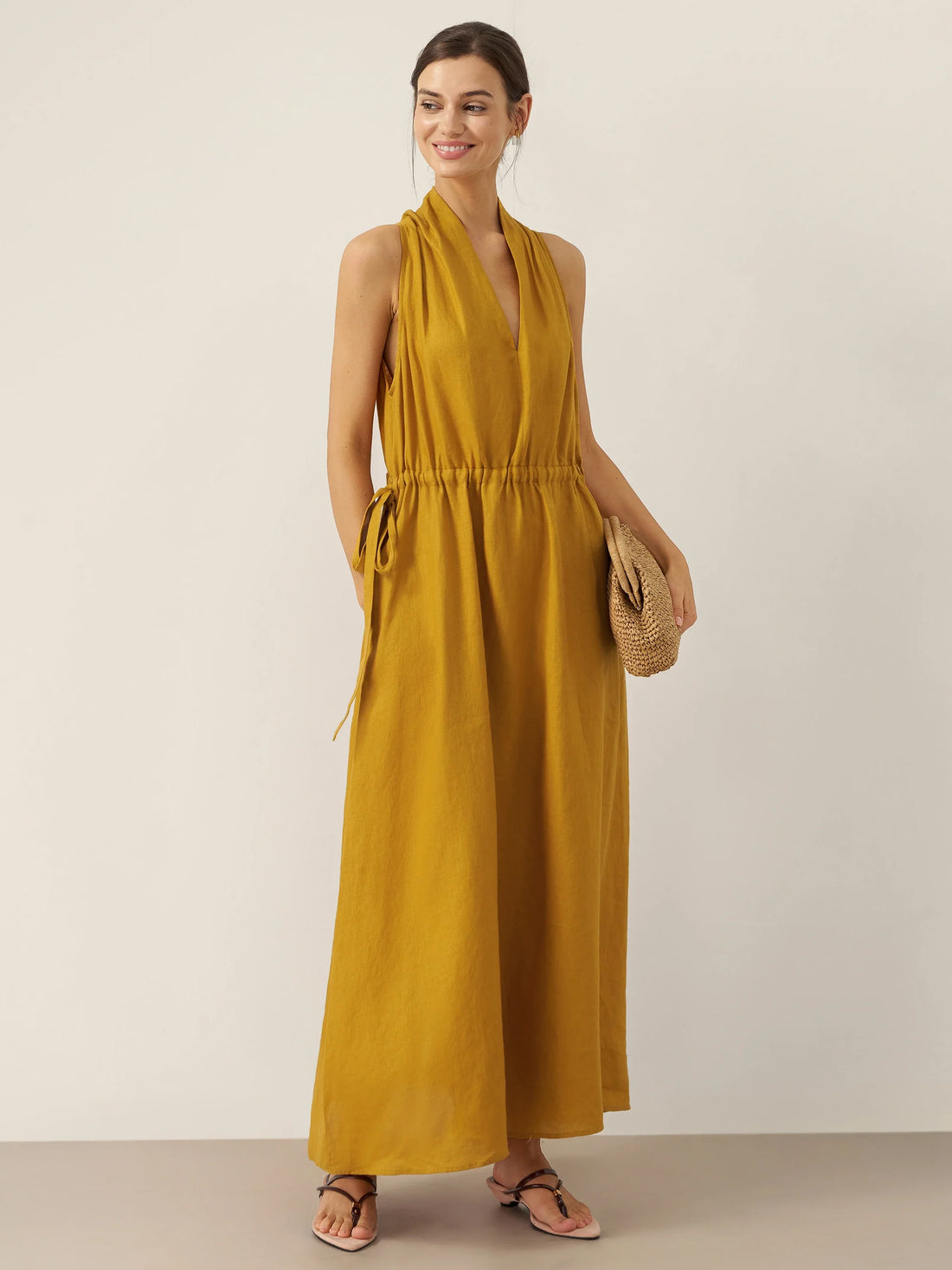 100% Linen Ruched Sleeveless Maxi Dress