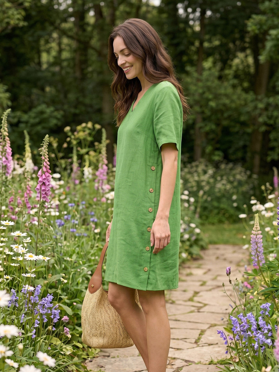100% Linen Decorative Button Mini Dress