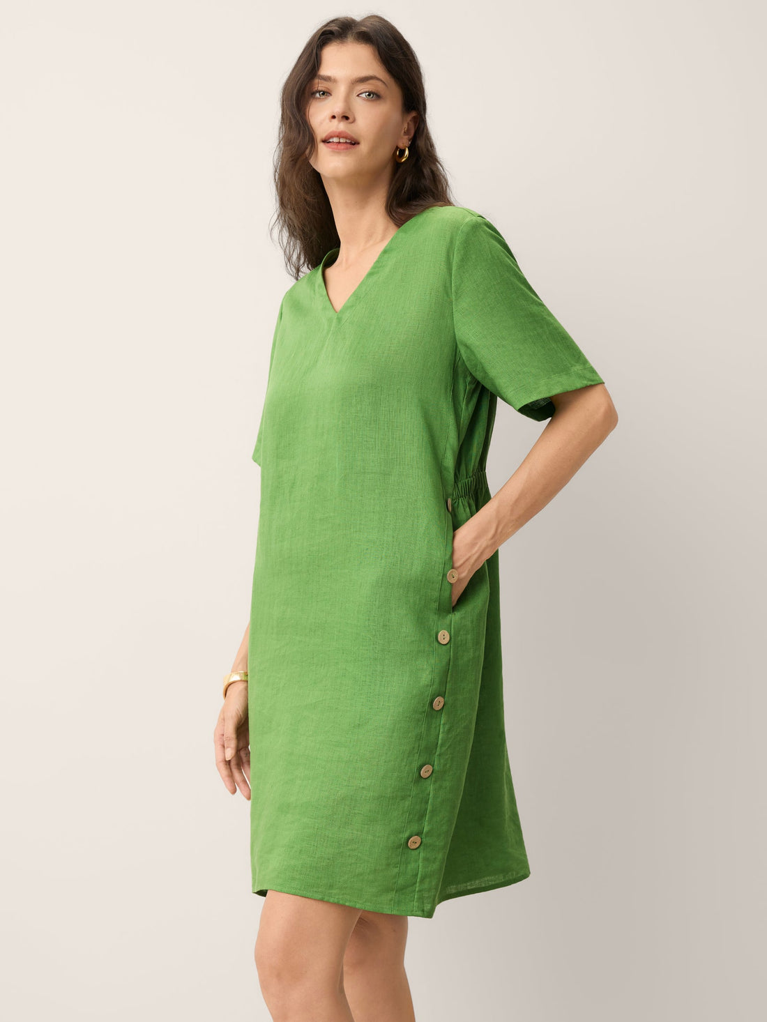 100% Linen Decorative Button Mini Dress