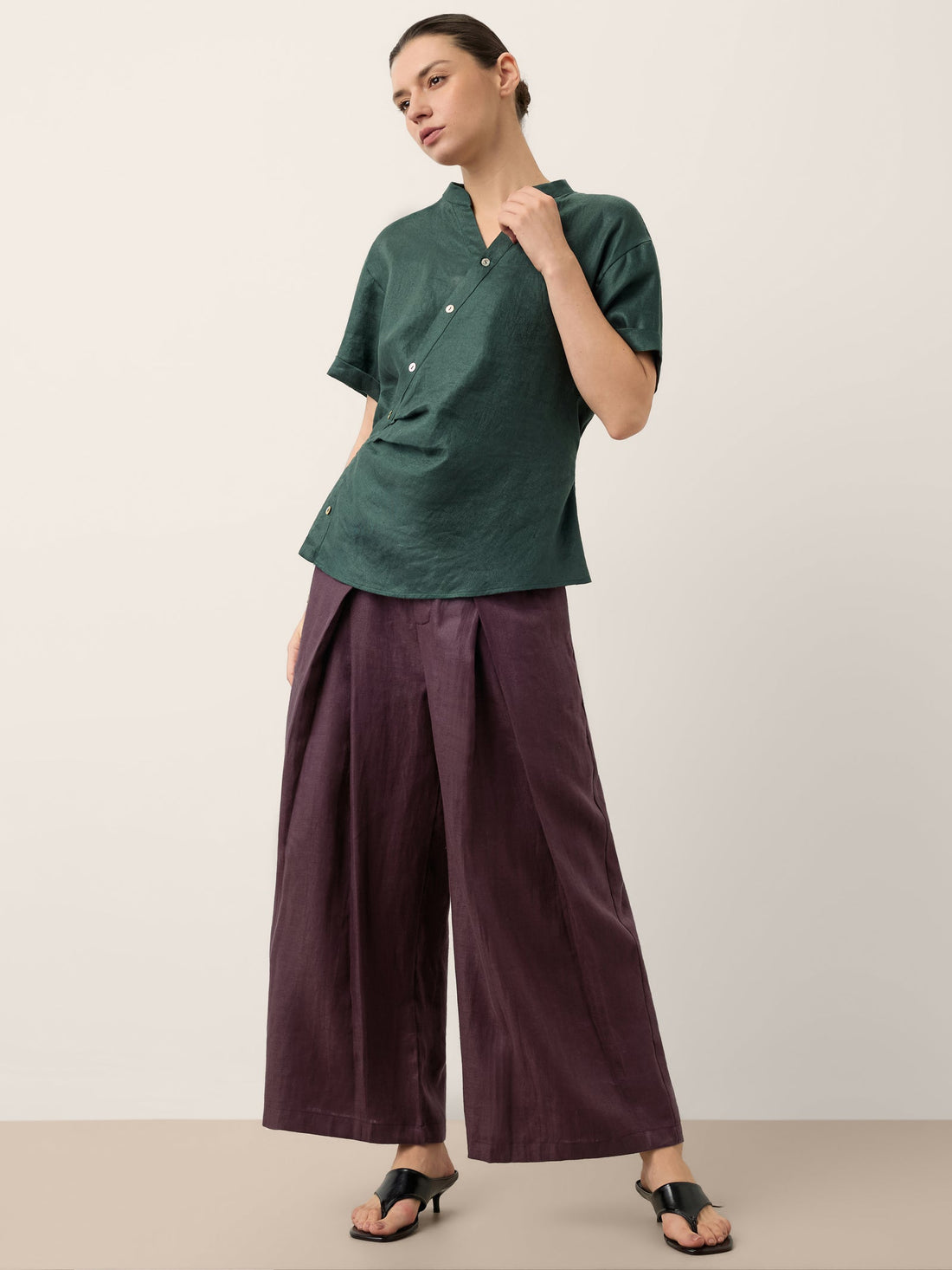 100% Linen Stand Collar Elastic Waist Shirt