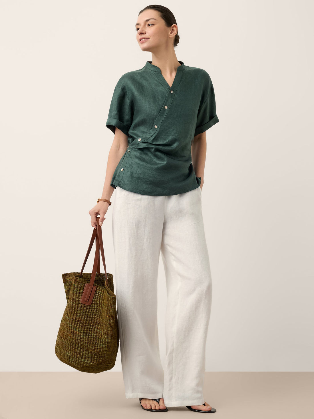 100% Linen Stand Collar Elastic Waist Shirt