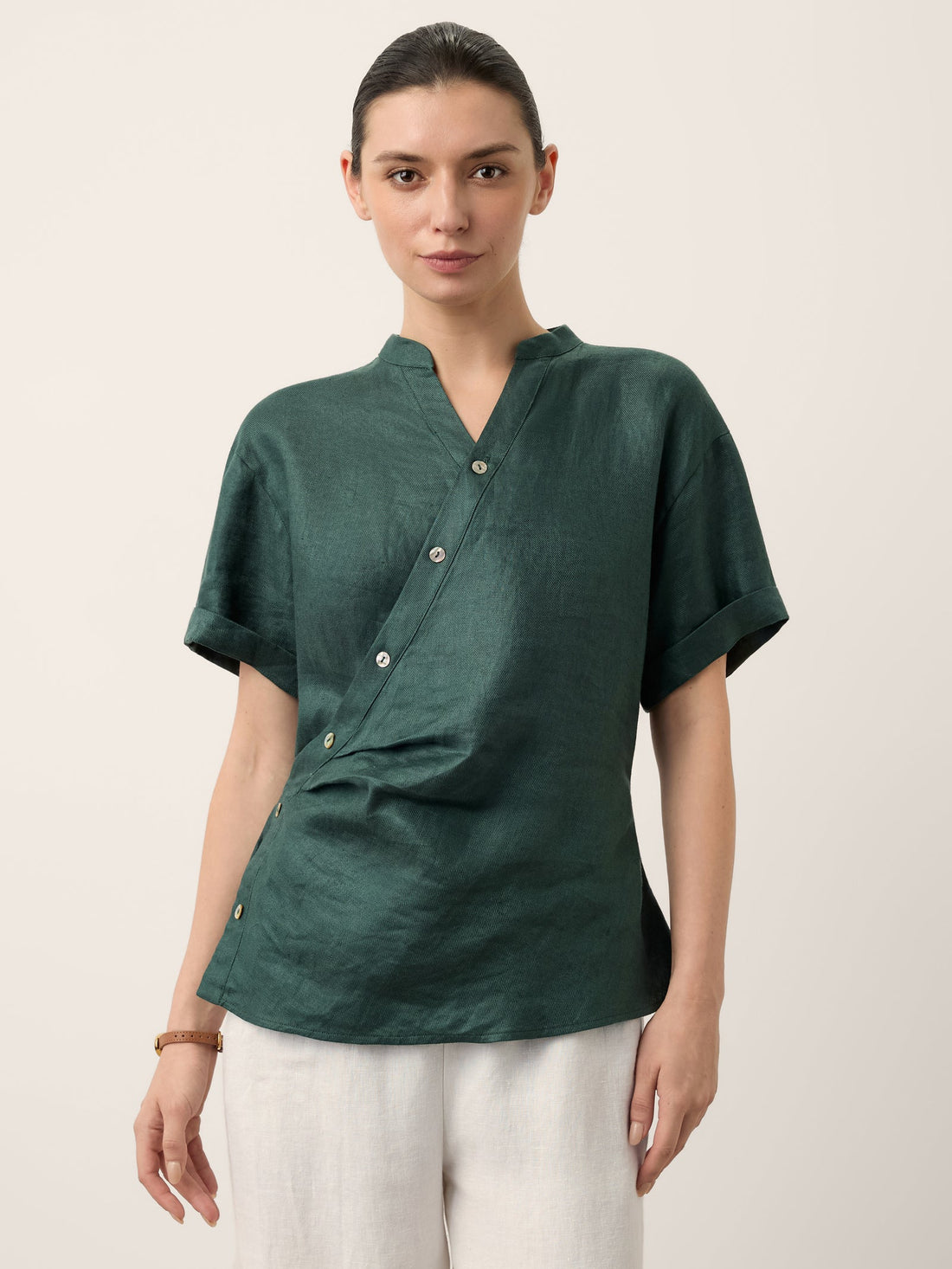 100% Linen Stand Collar Elastic Waist Shirt