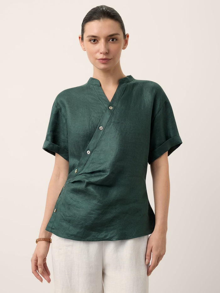 100% Linen Stand Collar Elastic Waist Shirt