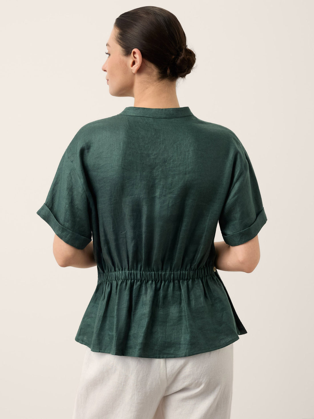 100% Linen Stand Collar Elastic Waist Shirt