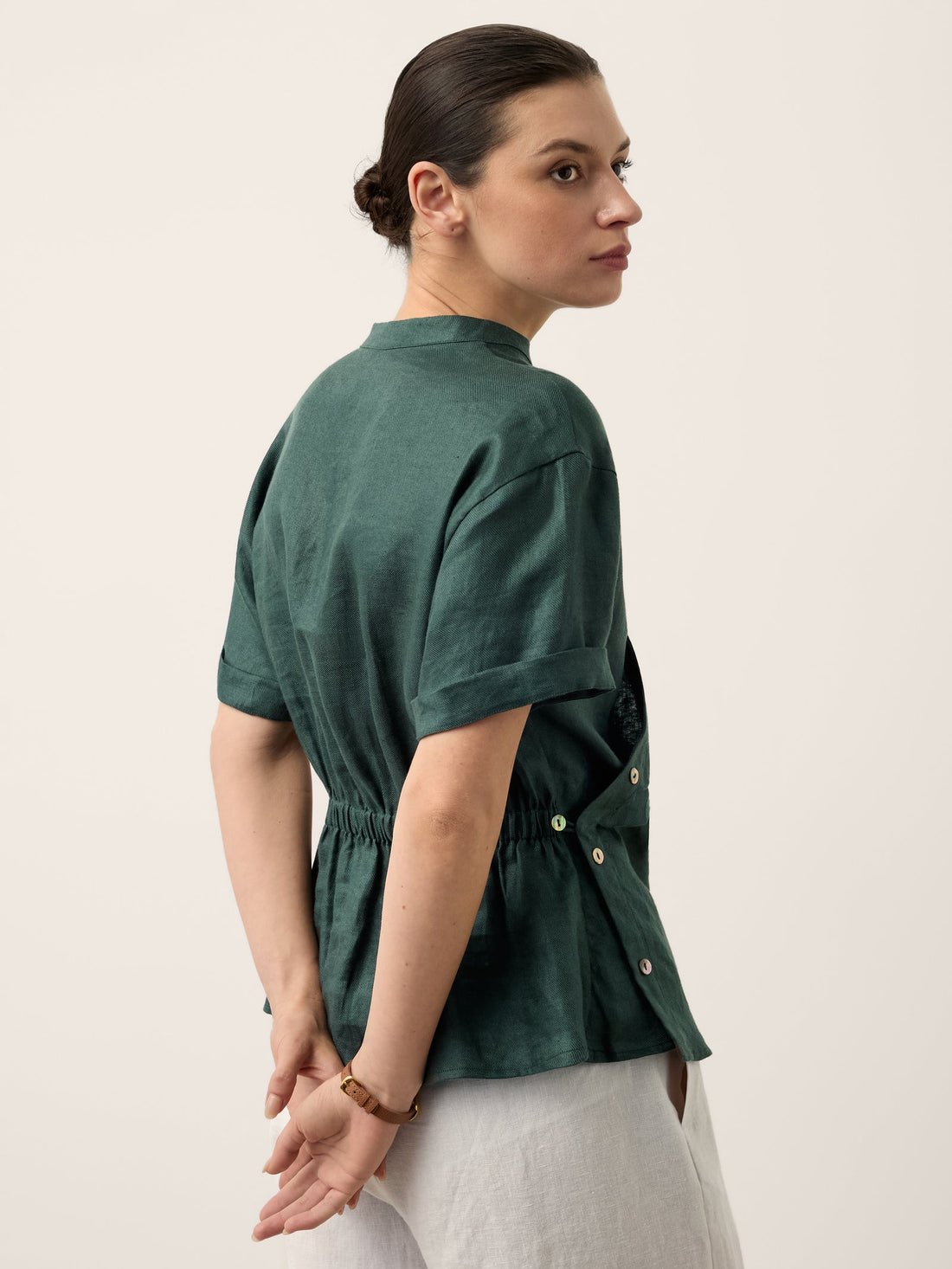100% Linen Stand Collar Elastic Waist Shirt