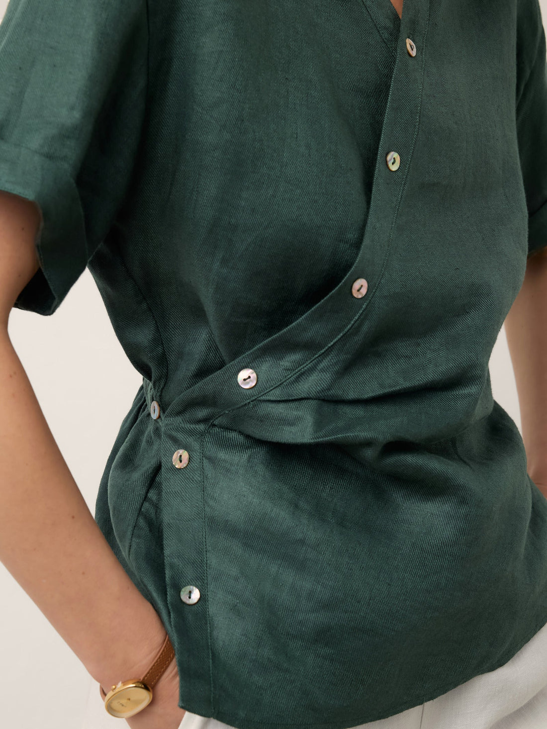 100% Linen Stand Collar Elastic Waist Shirt
