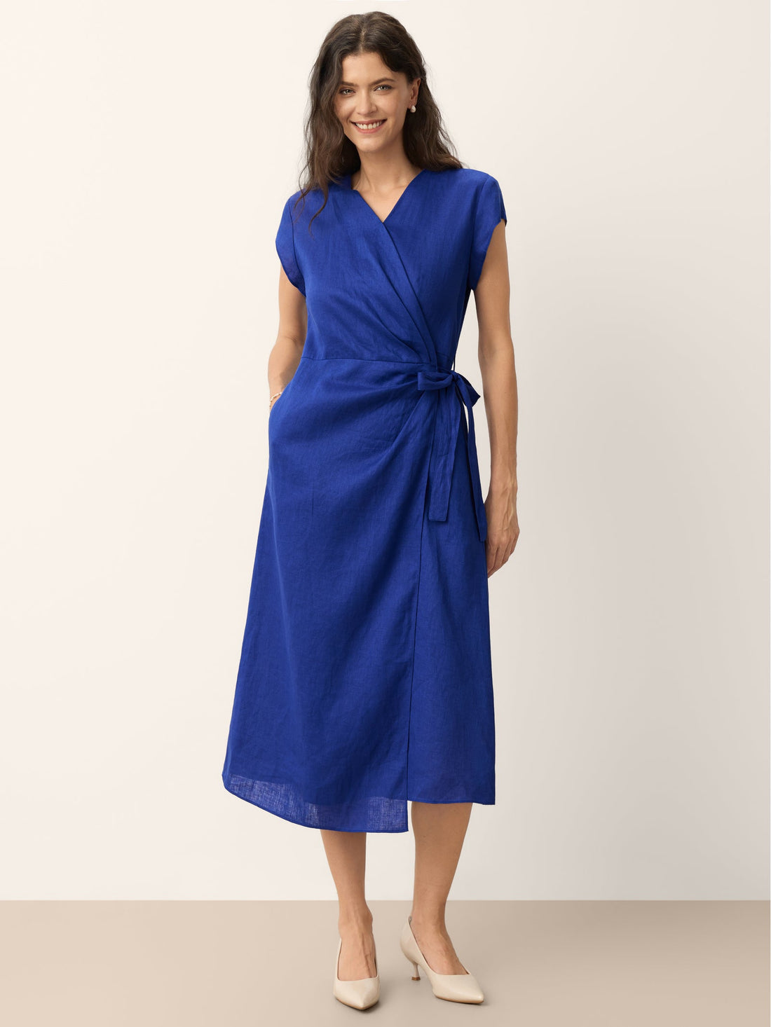 100% Linen Wrap-Tie Cap-Sleeve Midi Dress
