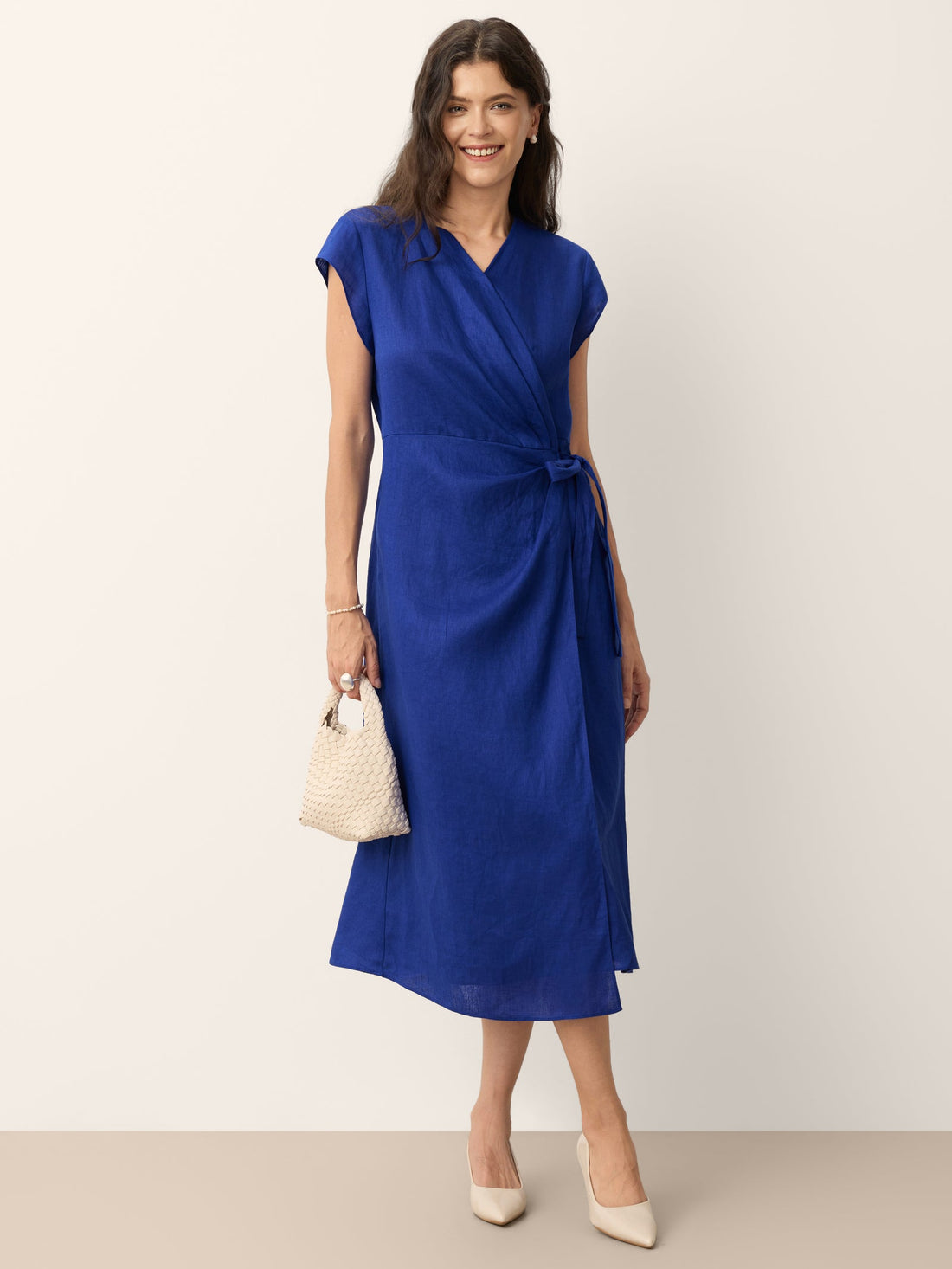 100% Linen Wrap-Tie Cap-Sleeve Midi Dress