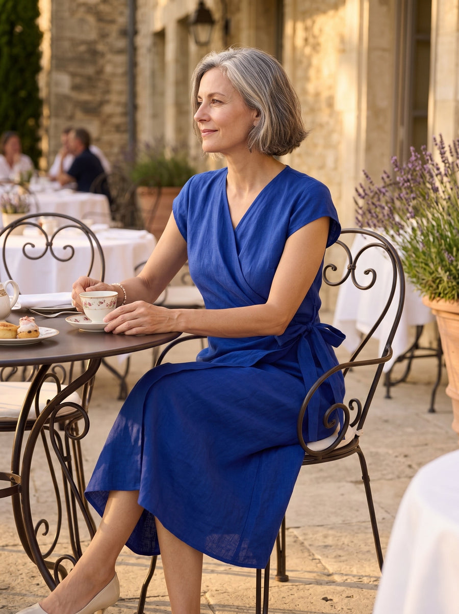 100% Linen Wrap-Tie Cap-Sleeve Midi Dress