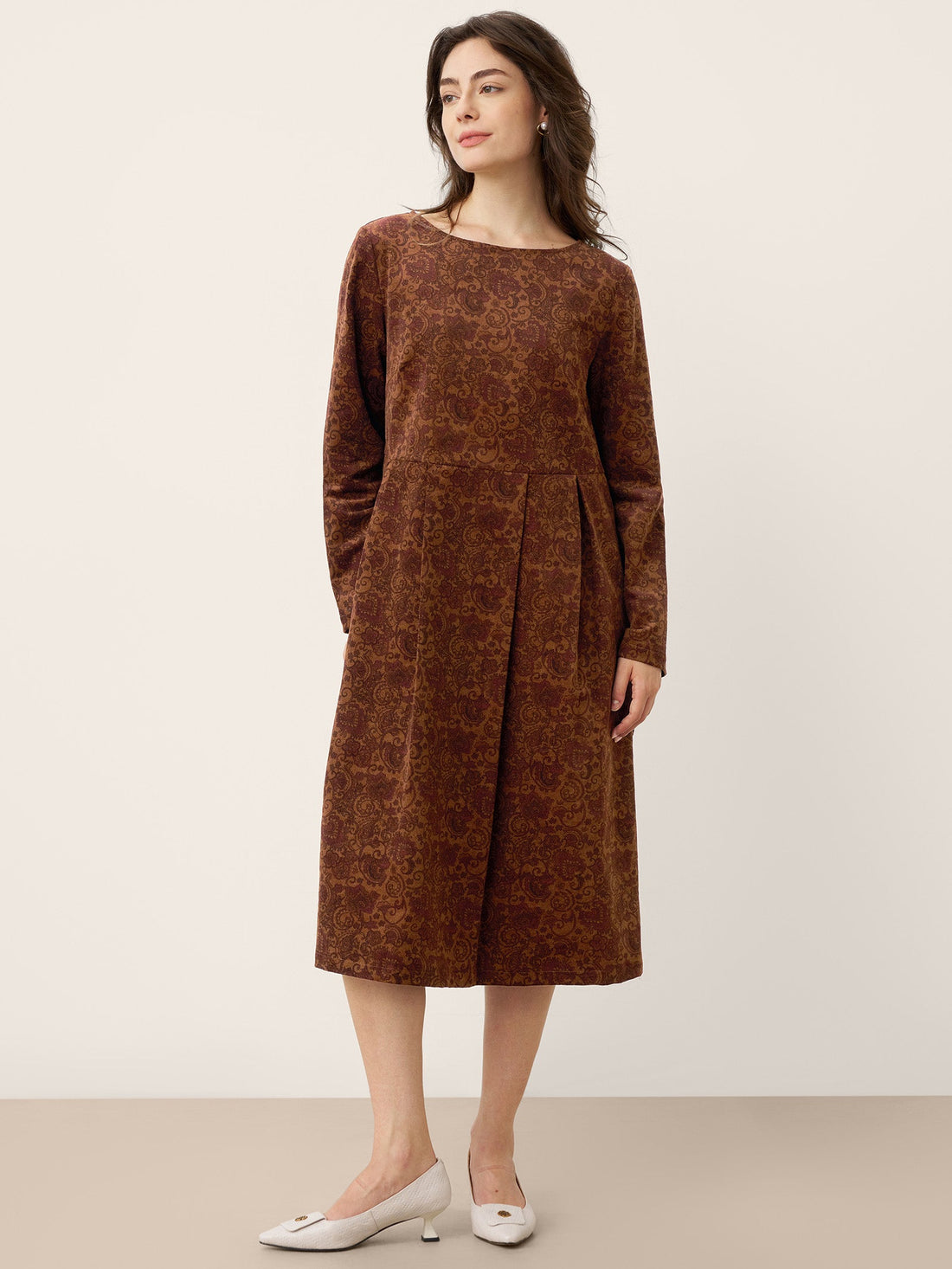 100% Cotton Pleated Long-Sleeve Midi Dress