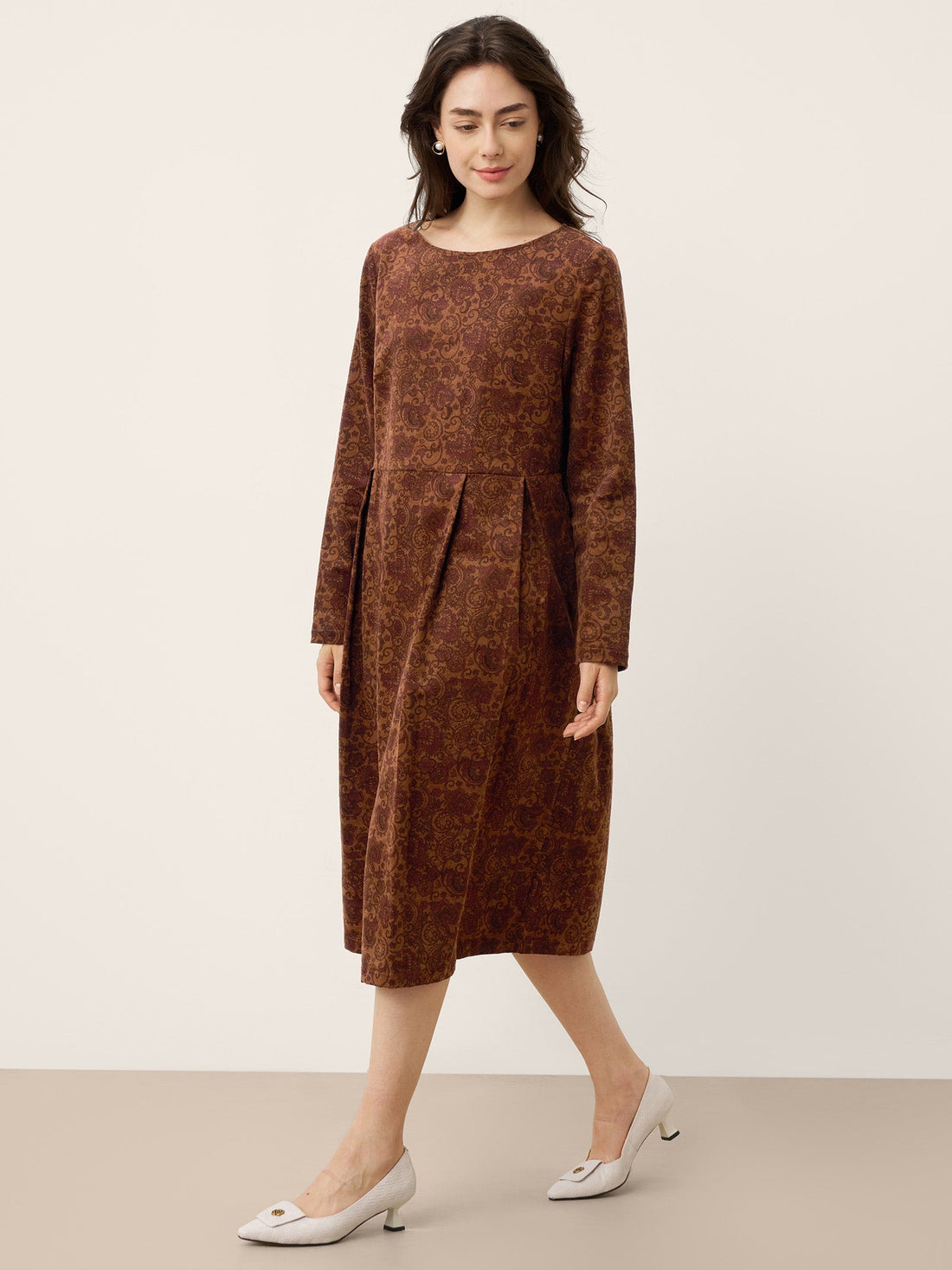 100% Cotton Pleated Long-Sleeve Midi Dress