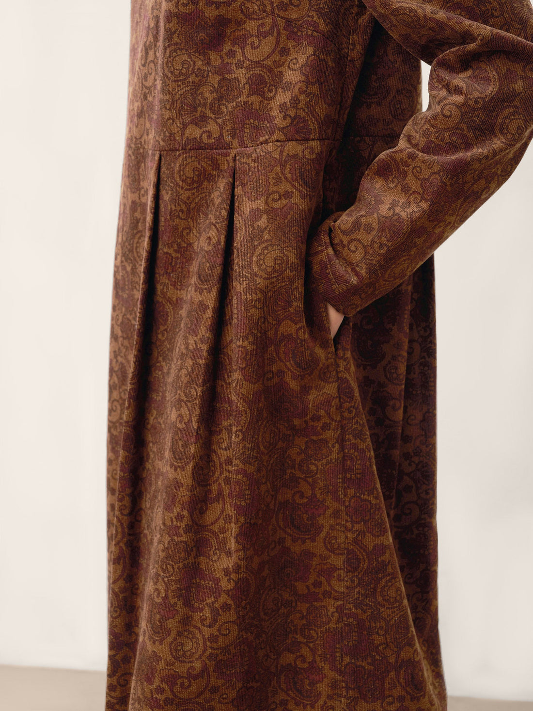 100% Cotton Pleated Long-Sleeve Midi Dress