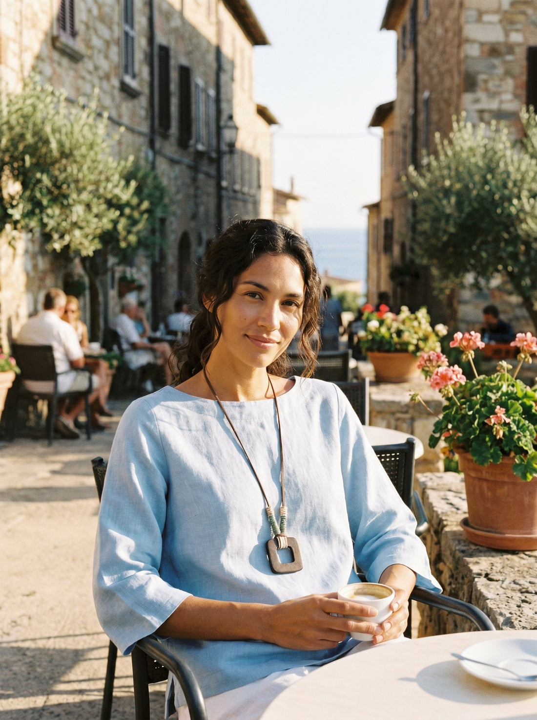 100% Linen Checked Boatneck Half-Sleeve Top