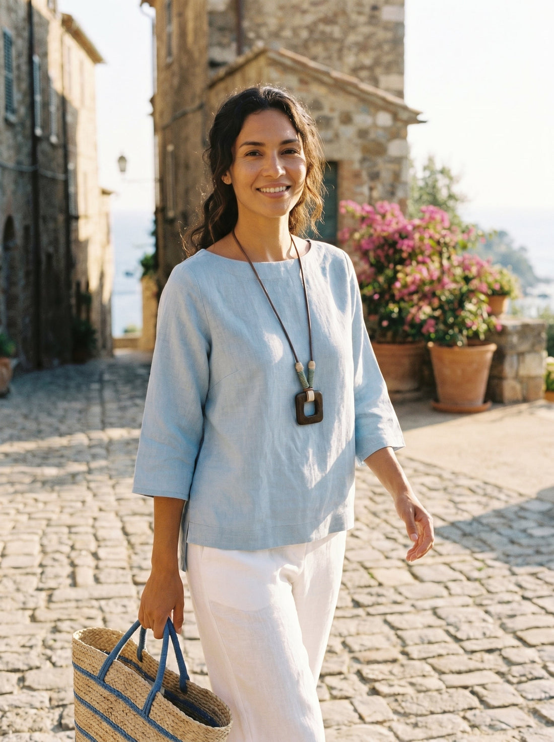 100% Linen Checked Boatneck Half-Sleeve Top