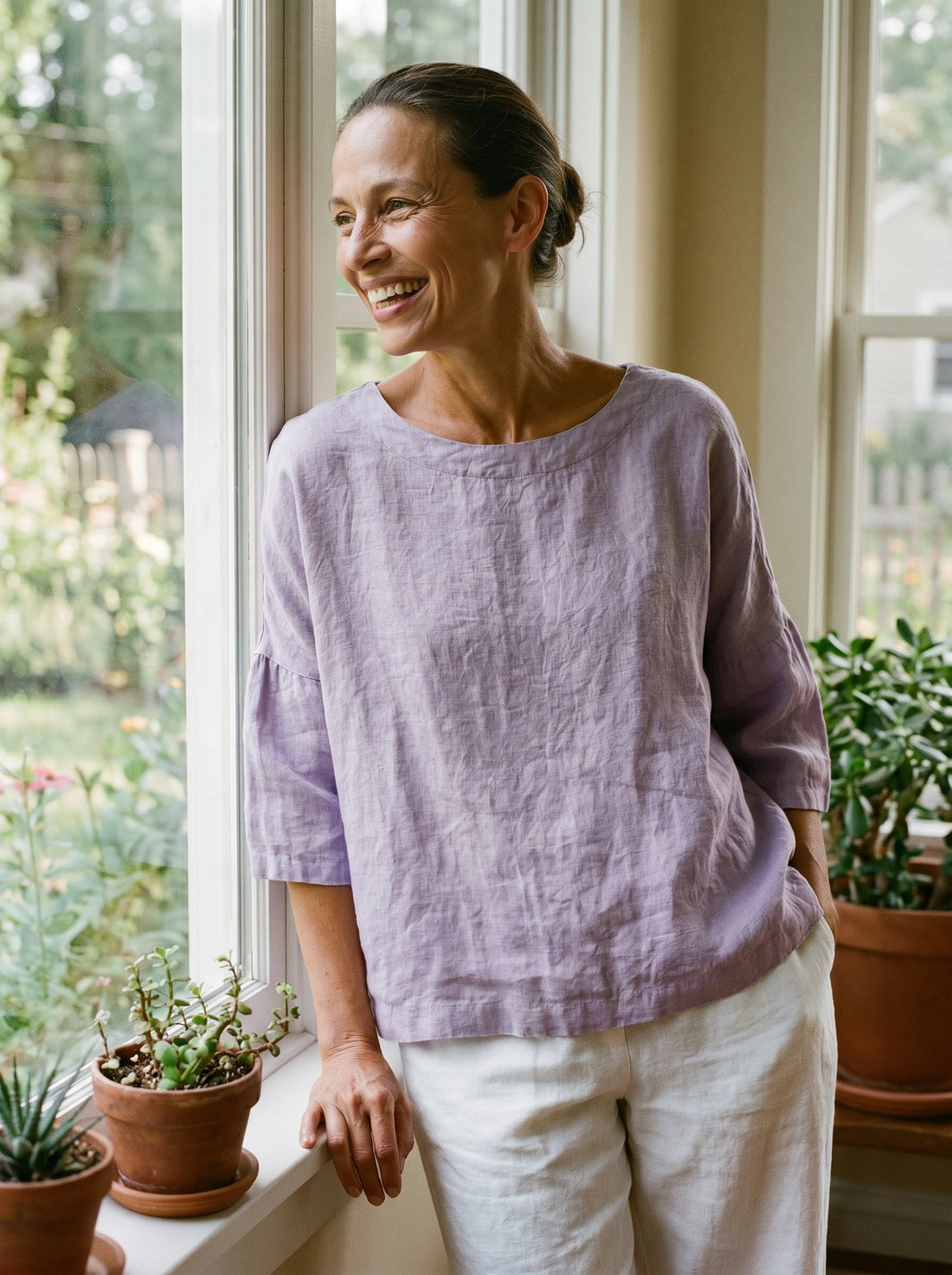 100% Linen Checked Boatneck Half-Sleeve Top