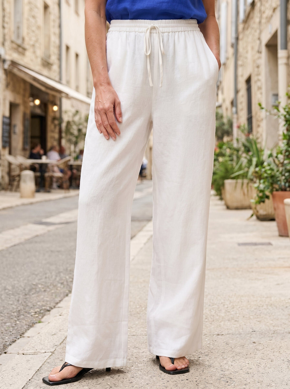 100% Linen Full-Elastic Waist Straight-Leg Pants