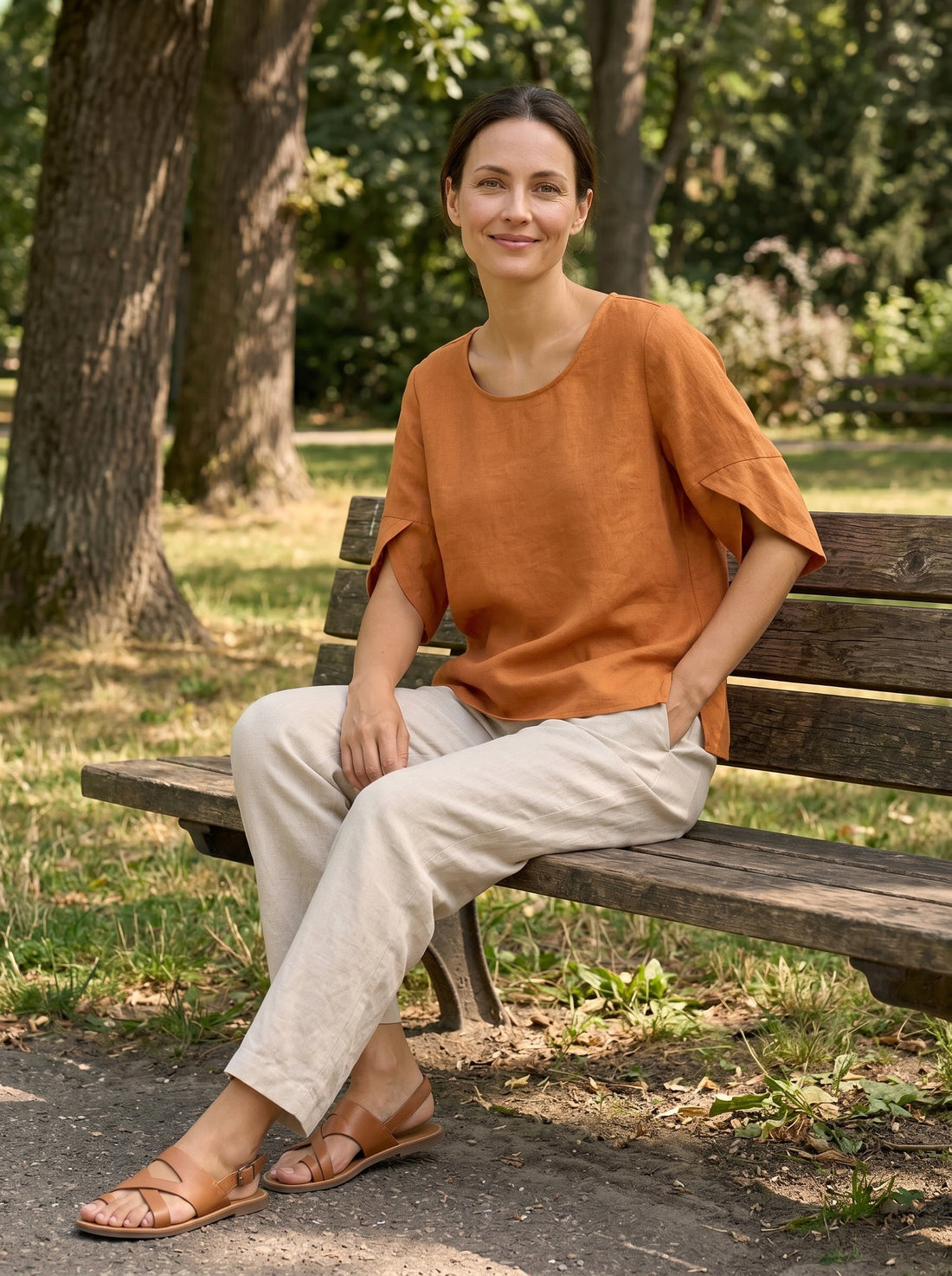 100% Linen Round Neck Petal-Sleeve Pullover