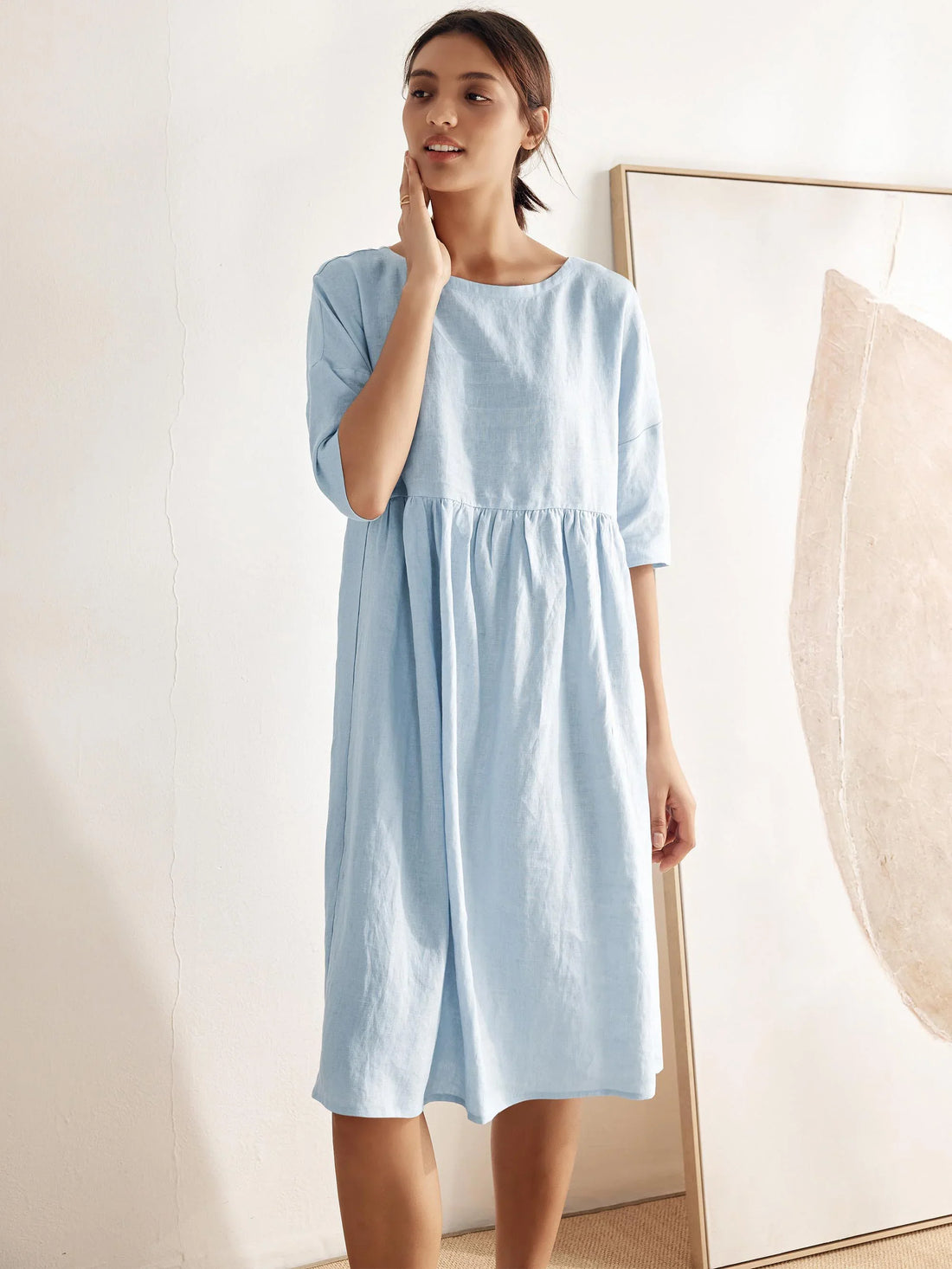 100% Linen Ruched Round-Neck Midi Dress