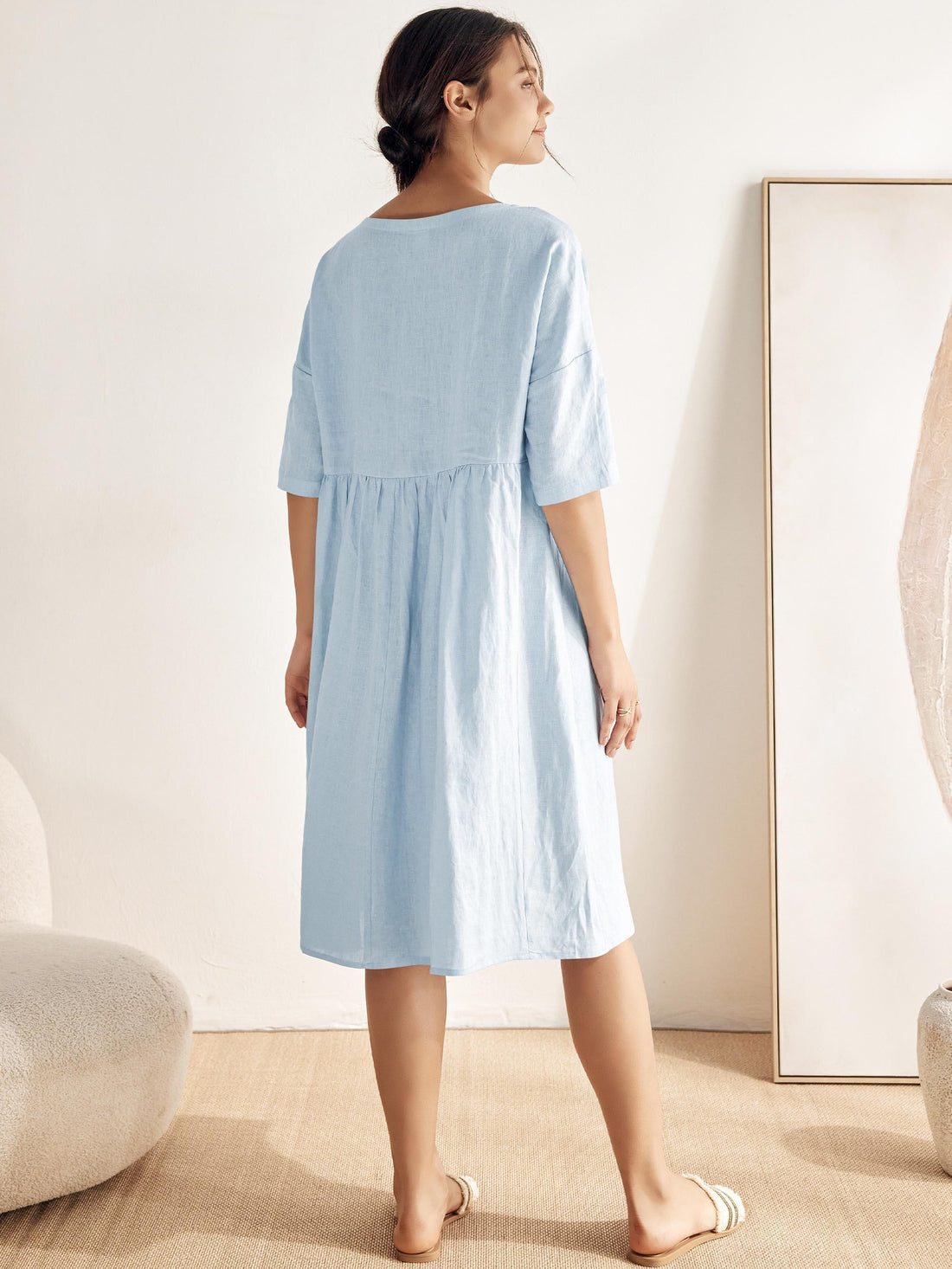 100% Linen Ruched Round-Neck Midi Dress