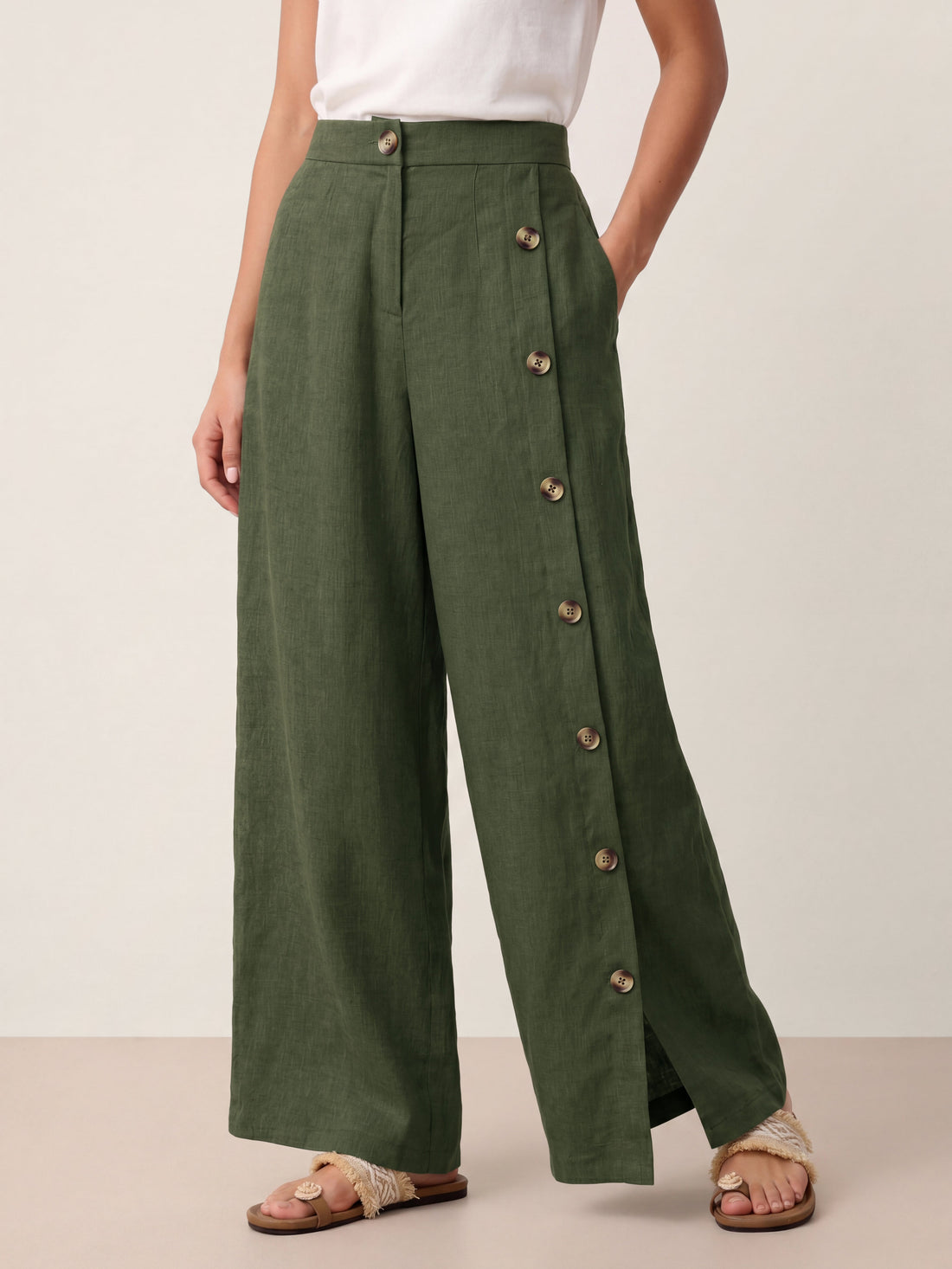 100% Linen High-Rise Straight-Leg Pants
