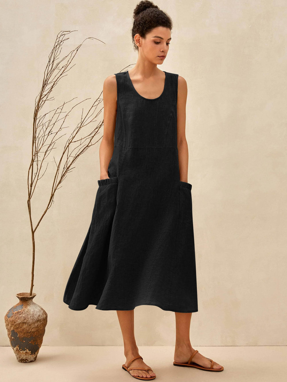 100% Linen Sleeveless Pocket Midi Dress