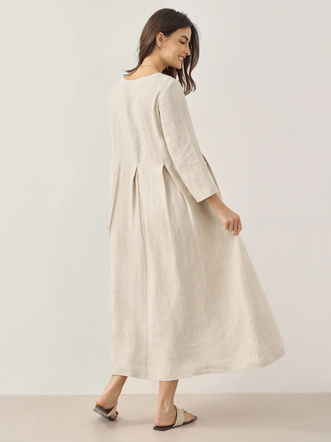 100% Linen Three-Quarter Sleeve Midi Dress