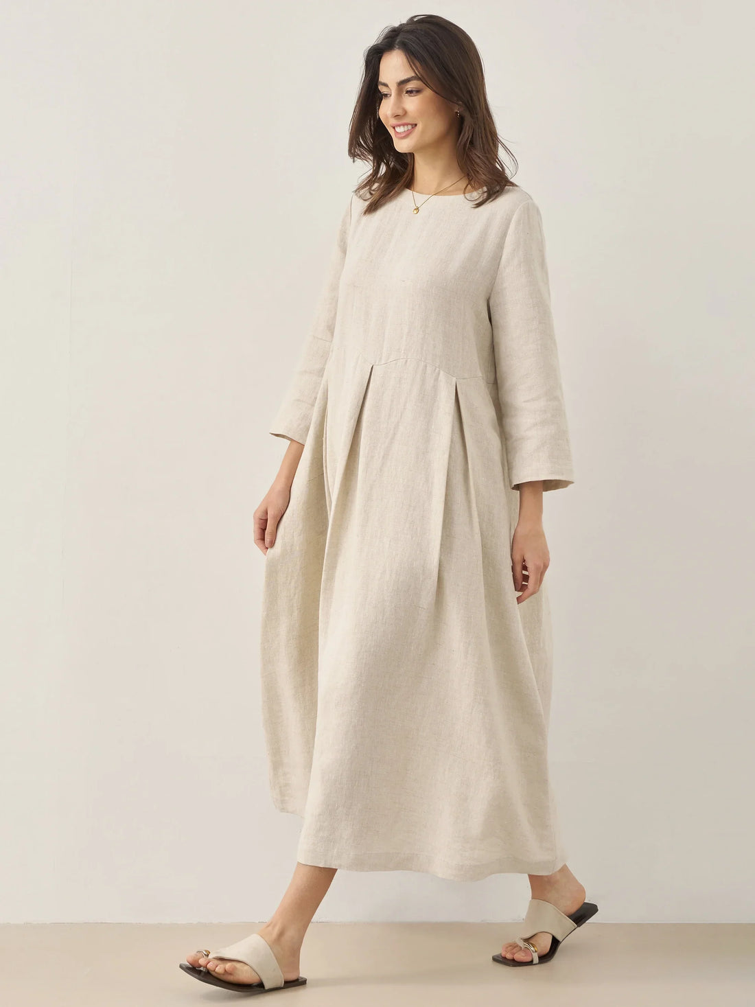 100% Linen Three-Quarter Sleeve Midi Dress