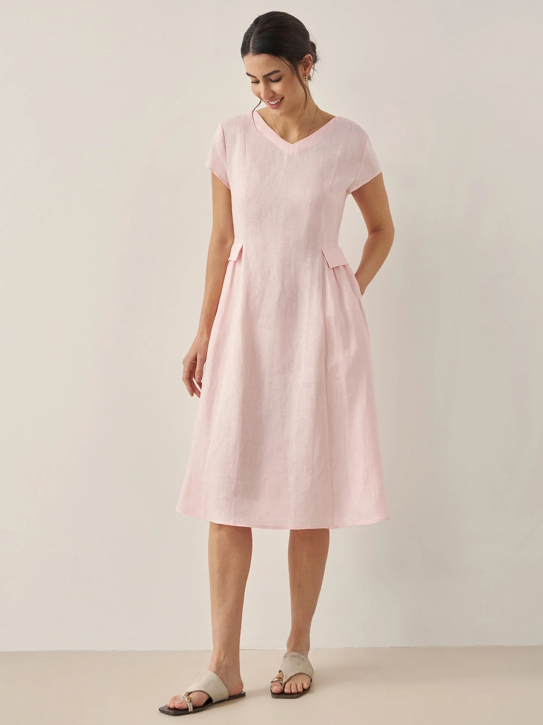 100% Linen Belted V-Neck Midi Dress