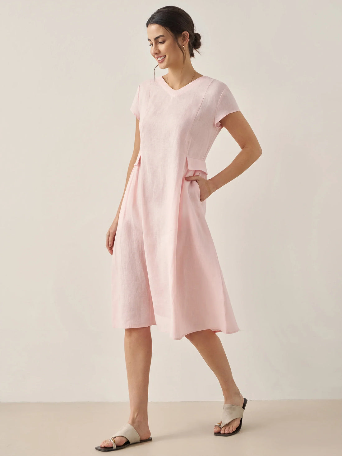 100% Linen Belted V-Neck Midi Dress